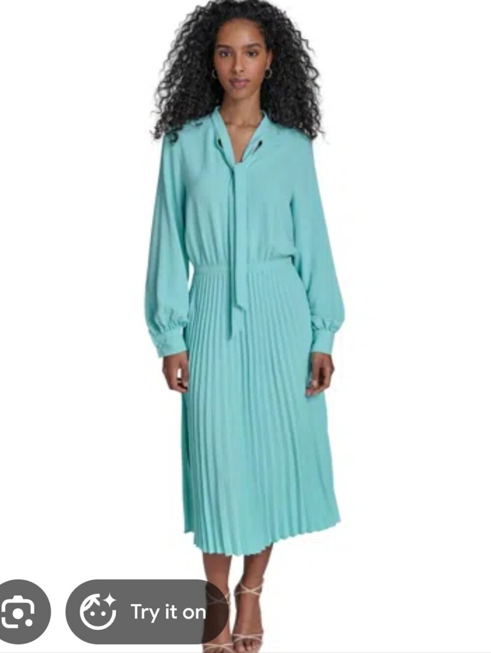 NWT Calvin Klein Aqua Pleated Midi Dress Tie Neck Long Sleeve Size 16 $149